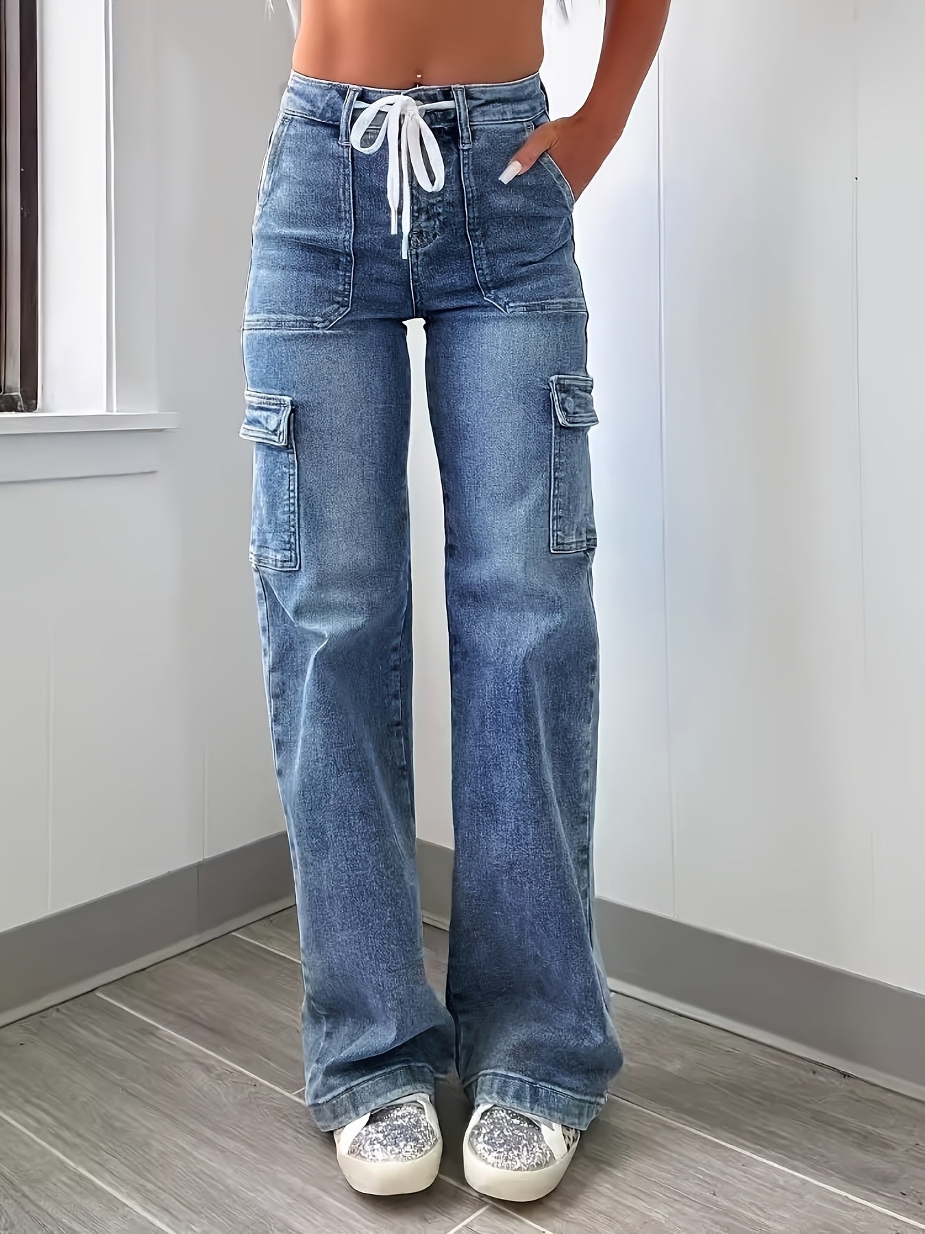 2025 New Style Women'S Leisure Straight-leg Jeans With Laces And Multiple Pockets. Casual Fashion Denim Fabric Sweatpants Jeans Fit Womenswear